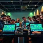 Exciting SBOBET online betting experience with diverse players engaged around digital gaming interfaces.