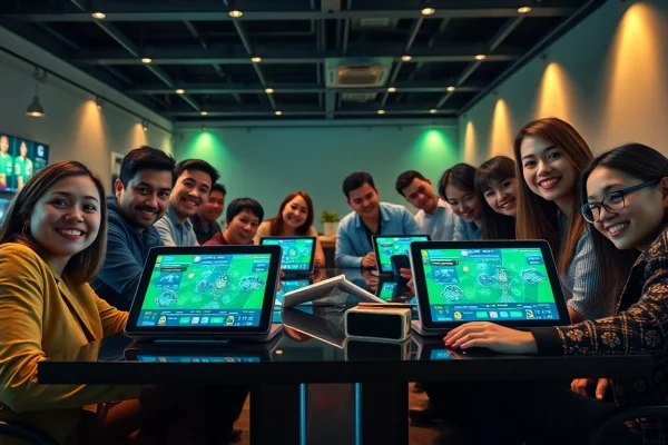 Exciting SBOBET online betting experience with diverse players engaged around digital gaming interfaces.