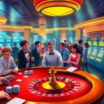 Gamblers enjoying the thrilling atmosphere at 789f casino with poker chips, cards, and slot machines.