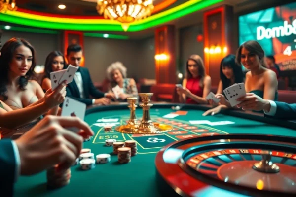 Experience high-stakes gaming at dom88.us.com with luxurious casino tables and vibrant players.