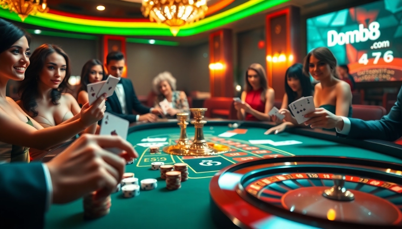 Experience high-stakes gaming at dom88.us.com with luxurious casino tables and vibrant players.