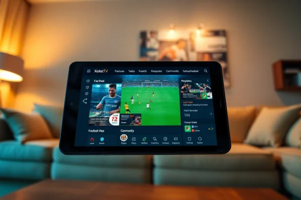 Xoilac TV interface on a digital device, showcasing live football and user features, joemadfan.com