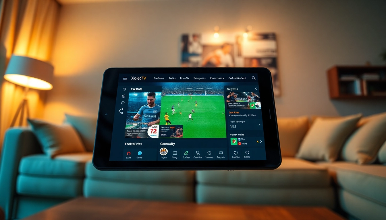 Xoilac TV interface on a digital device, showcasing live football and user features, joemadfan.com