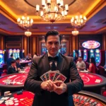 Jun88 gambling experience with vibrant slot machines and excited players engaging at a poker table.