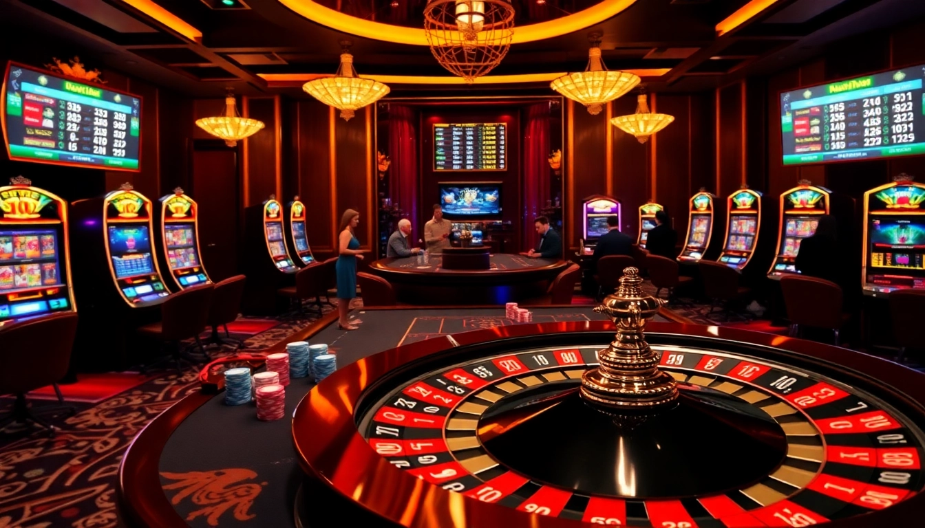 Engaged players enjoying a dynamic casino experience at 69vn.gb.net with colorful slot machines and a roulette wheel.