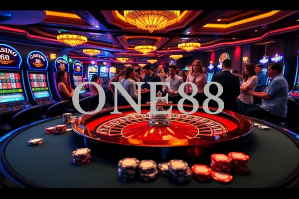 ONE88 casino players enjoying a vibrant atmosphere at a poker table with chips and cards.
