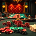 Engage in high-stakes gaming with rik vip's luxurious casino ambiance showcasing poker chips and roulette wheels.
