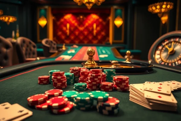 Engage in high-stakes gaming with rik vip's luxurious casino ambiance showcasing poker chips and roulette wheels.