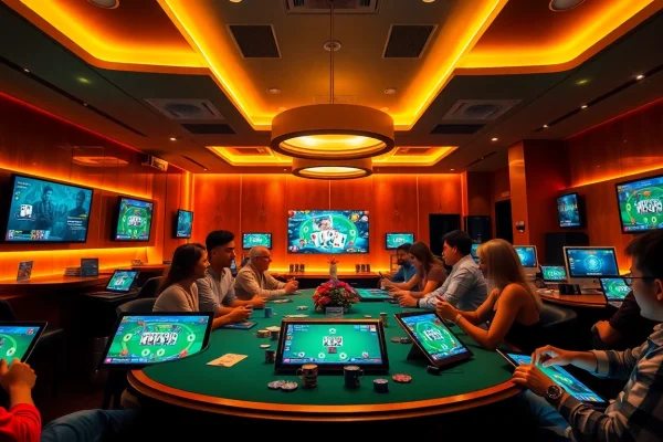 Exciting gaming scene at topgamebaidoithuong.mx featuring players engaged in online card games.