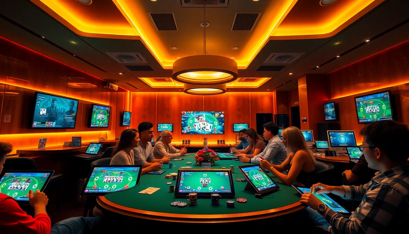 Exciting gaming scene at topgamebaidoithuong.mx featuring players engaged in online card games.