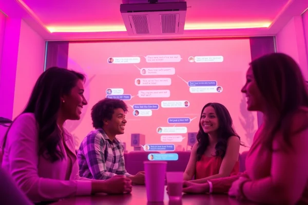Engaging scene of users interacting with sex chat AI in a vibrant virtual chatroom.