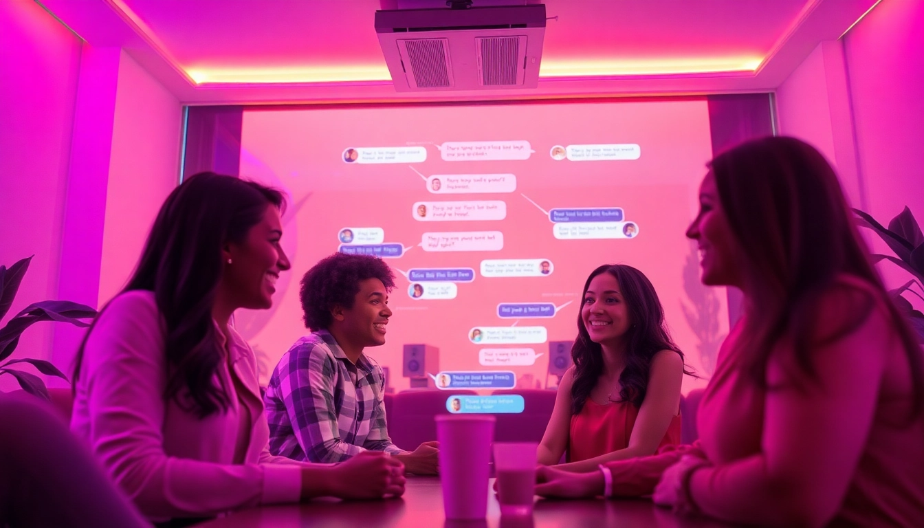 Engaging scene of users interacting with sex chat AI in a vibrant virtual chatroom.