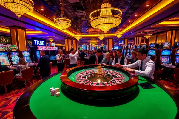 Players enjoying thrills at TK88 Casino with roulette, poker, and vibrant slot machines.