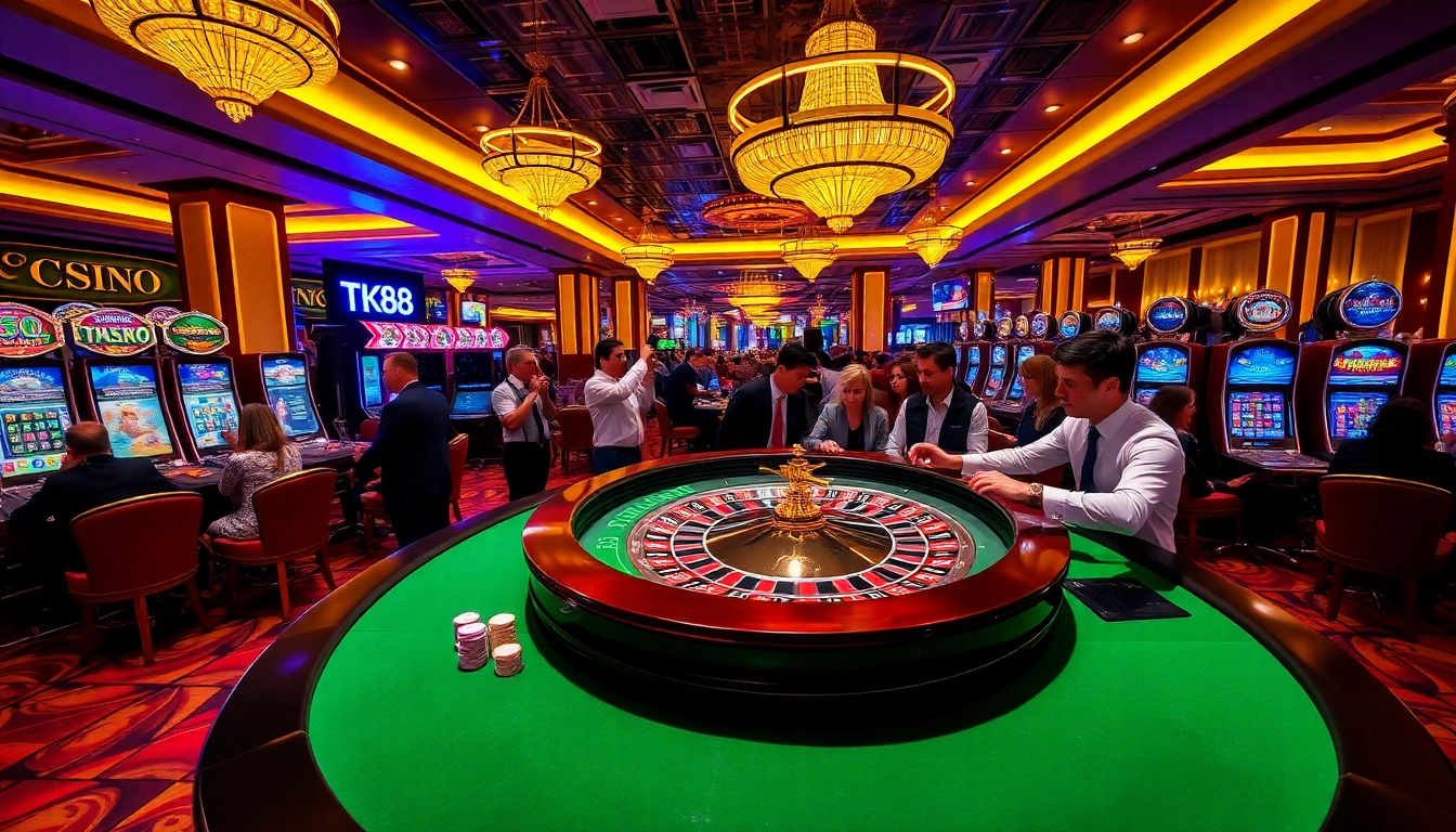 Players enjoying thrills at TK88 Casino with roulette, poker, and vibrant slot machines.