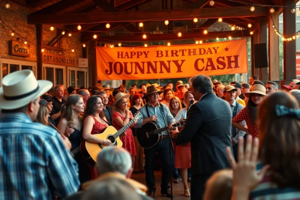 Experience the vibrant celebration of Johnny Cash's birthday at johnnycashbirthday.com, featuring live performances and festive decor.