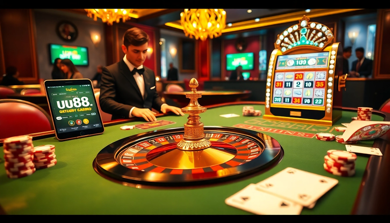 Experience thrilling gameplay at uu88 .com with vibrant casino elements like poker chips and a roulette table.