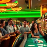 Players enjoying the RR99 slot machines in a luxurious casino environment, filled with excitement.