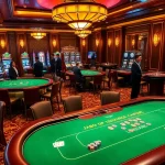 Casino players enjoying a vibrant poker game at JBO, surrounded by luxury tables and slot machines.