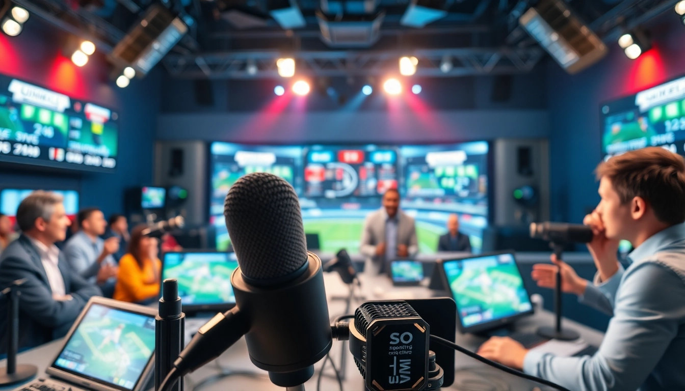 Engaging scene of sports broadcasting with anchors presenting live updates in a vibrant studio.