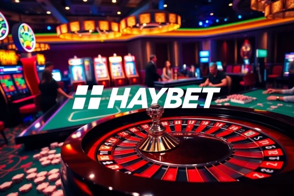 Experience the excitement of HAYBET with a vibrant casino scene featuring roulette and players.