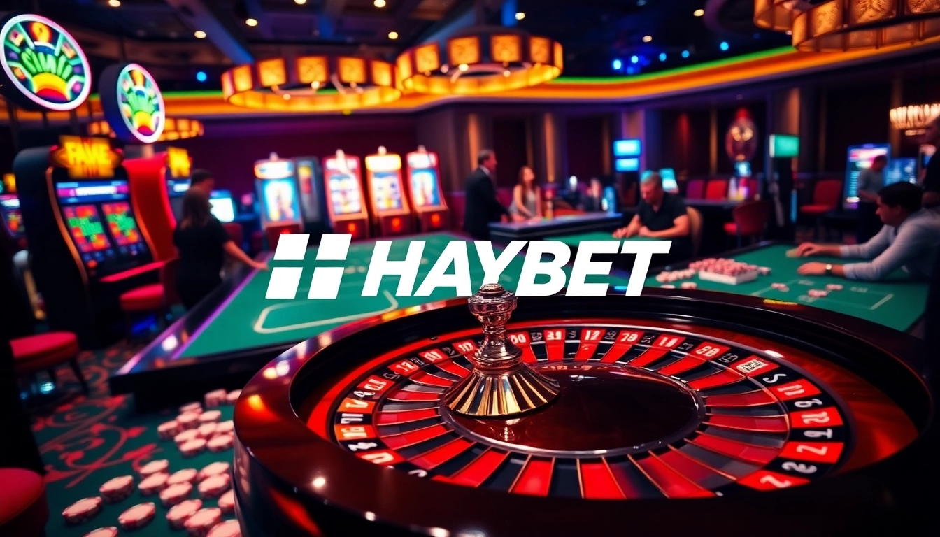 Experience the excitement of HAYBET with a vibrant casino scene featuring roulette and players.