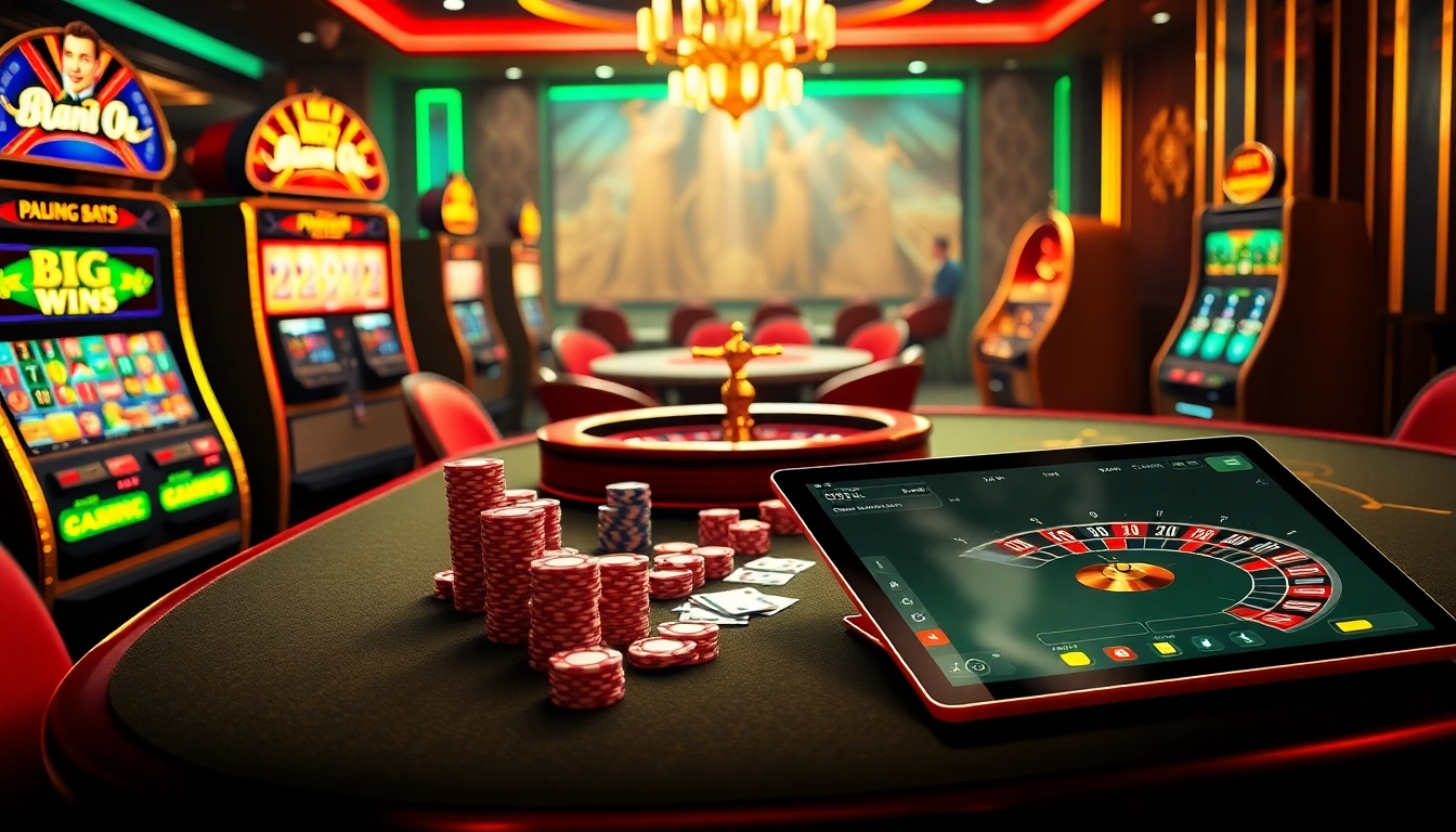 L567 casino scene showcasing vibrant slot machines and a luxurious poker table for an exciting gambling experience.