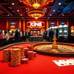 XIN88 casino scene featuring an exciting poker table, roulette wheel, and vibrant slot machines for immersive gambling.