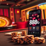 Experience the excitement of 888b with a luxurious poker table surrounded by dynamic casino elements.