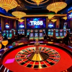 Experience the excitement of gambling at TR88 with a vibrant casino scene showcasing roulette and slot machines.
