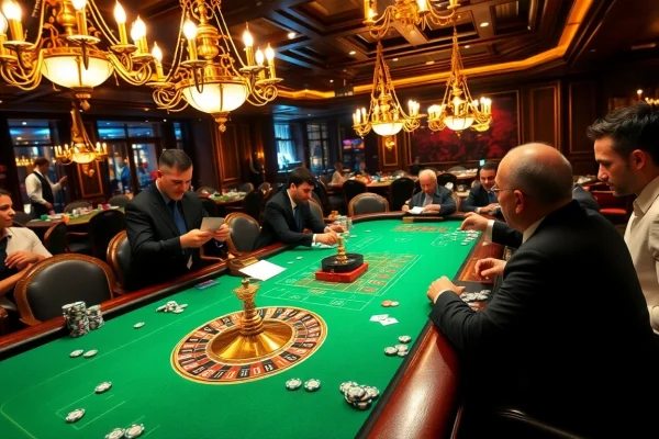 Experience the thrill of gaming at https://fun79.bio/ with players eagerly engaging in a sophisticated casino scene.