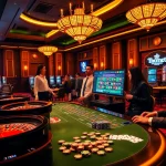 Engaging gamblers at a 789bet casino table with roulette, slot machines, and poker excitement.