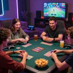 Friends enjoying a gaming night with VUA99 card games and snacks.