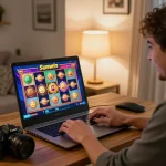 Sunwin online gaming session showcasing player celebrating slot wins in a cozy home office
