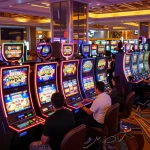 Engaging scene of players enjoying slot gacor games at a lively casino, vibrant lights and machines.