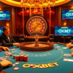 Experience the thrill of gambling with OXBET at an elegant casino table featuring vibrant chips and cards.