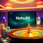 Nohu90 đăng nhập screen showcasing a vibrant online casino atmosphere with roulette wheel and poker chips.