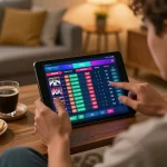 Engaging in live sports betting at https://kjc365.com/ with a tablet featuring updated odds in a cozy home setting.