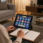 Engaging in AU88 online gaming at home with tablet and strategic notes.