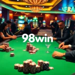 Experience the excitement of 98win at a stylish poker table surrounded by vibrant casino action.