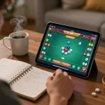 Engaging in tài xỉu online from home, player focusing on tablet screen with game action.