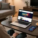 Engaging with nk88 nhà cái online gaming setup in a cozy living room, demonstrating seamless virtual betting experience