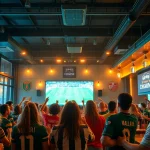 Excited fans enjoying live football on OKWINTV in a vibrant sports bar atmosphere.