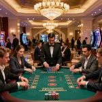 GEM88 players enjoying a high-stakes blackjack game in a luxurious casino atmosphere, engaging in strategic betting.