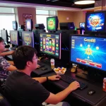 Players enjoying games on the Gem88 online casino platform with vibrant graphics and snacks.