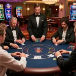 Players strategize at a high-stakes poker table in a vibrant casino, showcasing 9BET excitement.