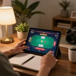 Player engaging with the 88vv LINK platform on a tablet, showcasing an online poker game.