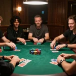 Players at an exciting poker table showcasing DA88 gameplay strategy with colorful chips and cards