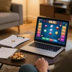 Tài Xỉu Sunwin gameplay on a laptop in a cozy home setting with strategic notes and snacks