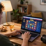 Engaging with the TG88 link for online gaming, showcasing vibrant slot games on laptop.