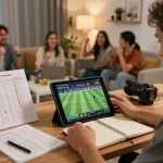 Person engaging in live sports betting on HDBET tablet, vibrant home gaming atmosphere